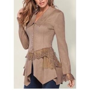 Cindy Oh Faux Suede And Lace Top Women's XL Brown BOHO